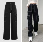 High Waist Whip Stitch Denim Cargo