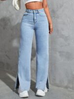 High Waist Slit Ice Blue Denim