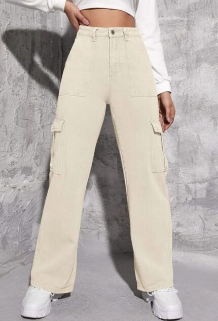 High Waist Off White Denim Cargo