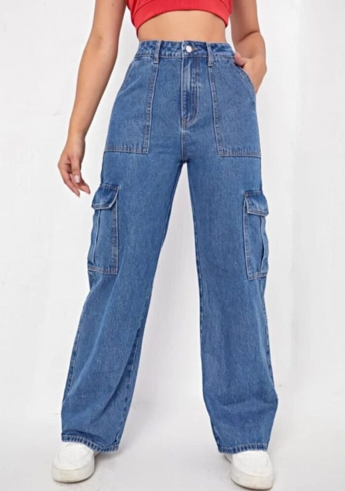 High Waist Stone Blue Denim Cargo