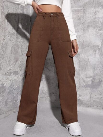 High Waist Brown Denim Cargo