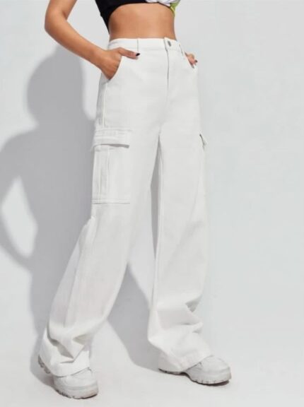 High Waist White Denim Cargo