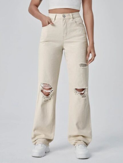 High Waist Cream Double Torn Wide Leg Denim