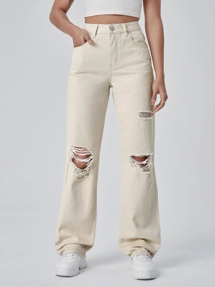 High Waist Cream Double Torn Wide Leg Denim