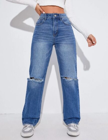 High Waist Stone Blue Double Torn Wide Leg Denim