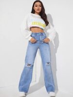 High Waist Ice Blue Double Torn Whisker Wide Leg Denim