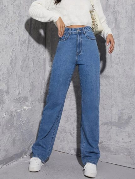 High Waist Stone Blue Wide Leg Denim