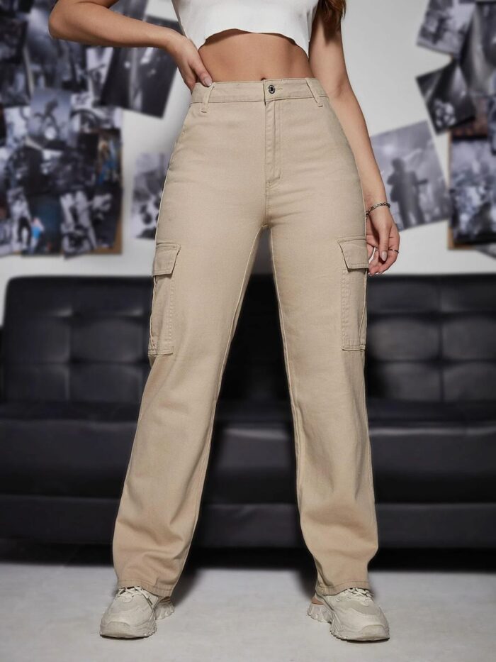 High Waist Beige Cotton Denim