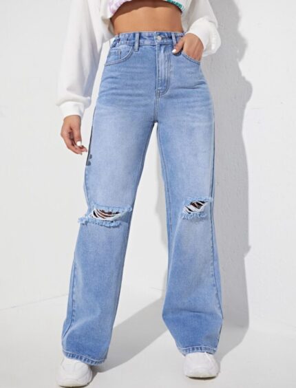 High Waist Ice Blue Double Torn Whisker Wide Leg Denim