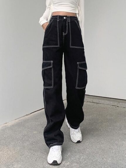 High Waist Whip Stitch Denim Cargo