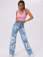 High Waist Heart Ice Blue Wide Leg Denim