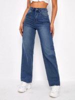 High Waist Stretchable Whisker Dark Blue Straight Fit Denim