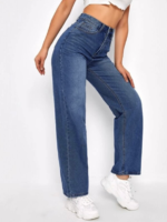 High Waist Stretchable Whisker Dark Blue Straight Fit Denim