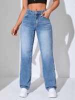 High Waist Stretchable Whisker Ice Blue Straight Fit Denim