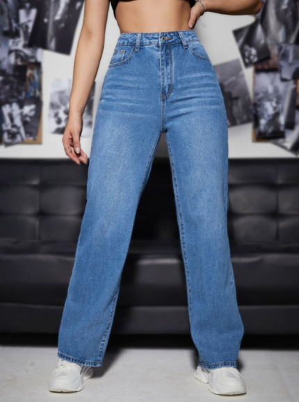 High Waist Stretchable Whisker Stone Blue Straight Fit Denim