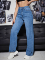 High Waist Stretchable Whisker Stone Blue Straight Fit Denim