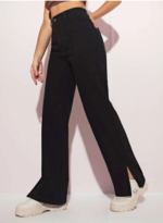 High Waist Slit-Cut Black Wide Leg Denim