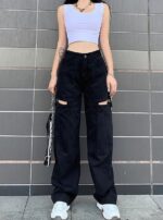 High Waist Black Cut-Out Wide Leg Denim