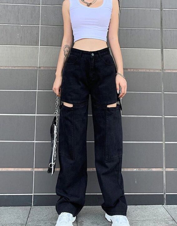 High Waist Black Cut-Out Wide Leg Denim