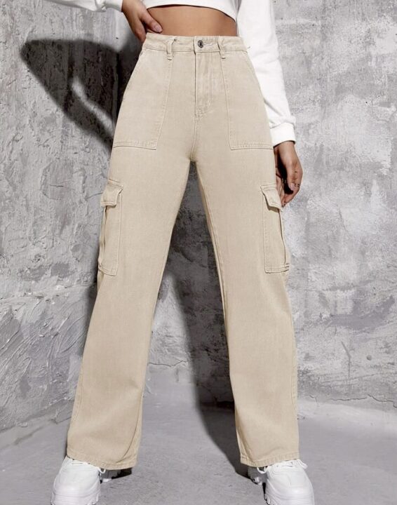 High Waist Beige Denim Cargo