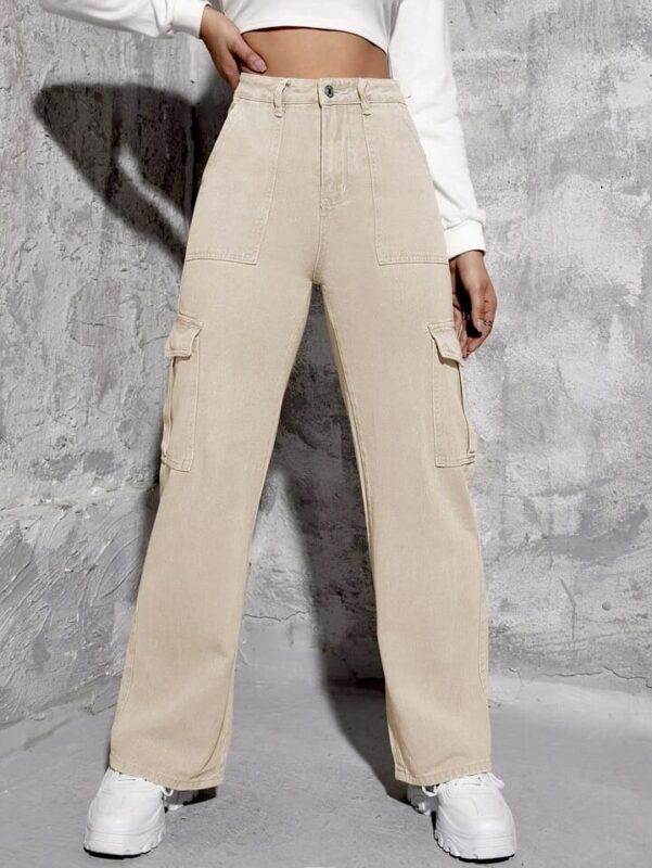 High Waist Beige Denim Cargo