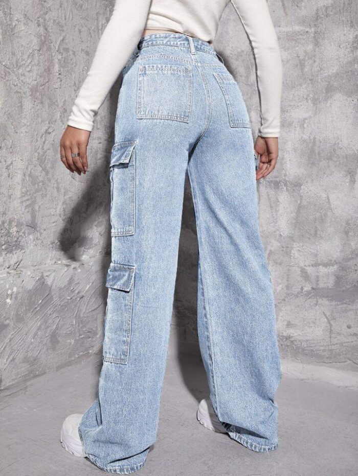 High Waist Stone Blue Denim Cargo