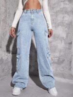 High Waist Stone Blue Denim Cargo