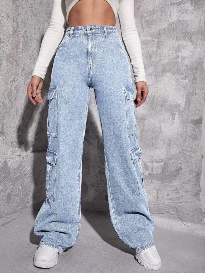 High Waist Stone Blue Denim Cargo