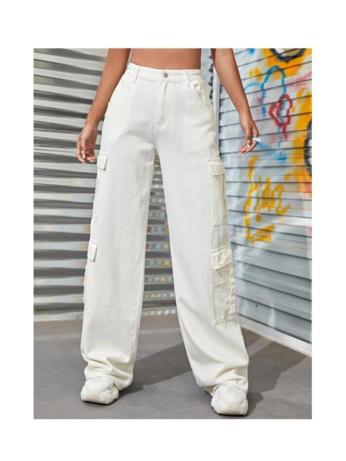 High Waist White Denim Cargo