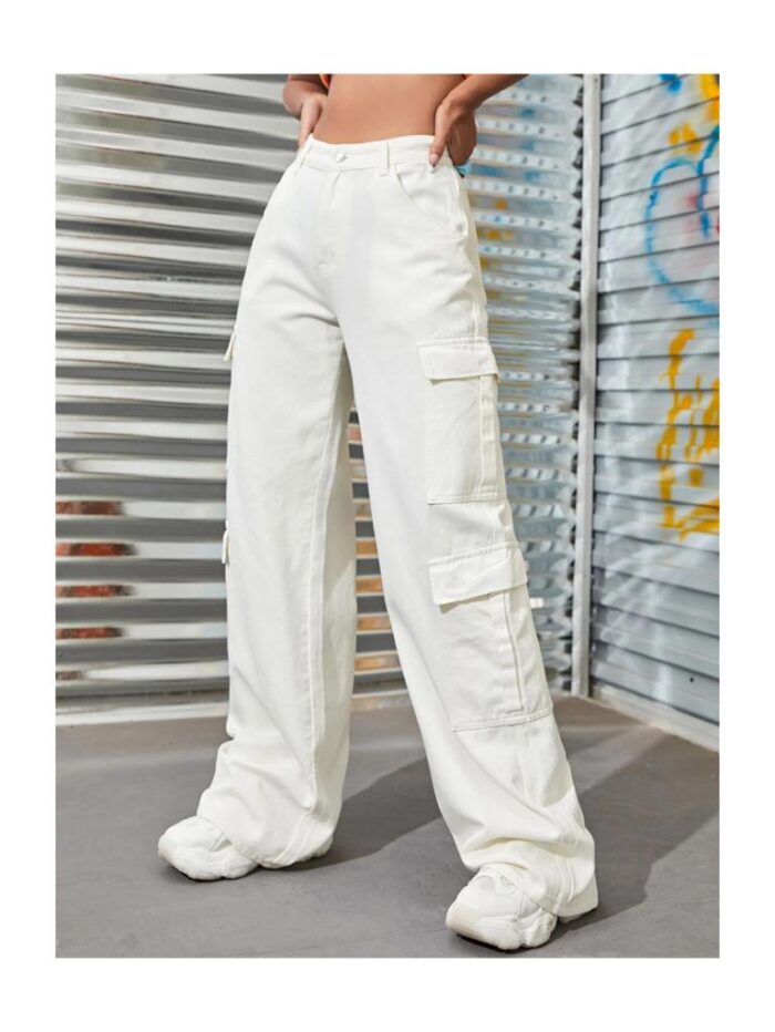 High Waist White Denim Cargo