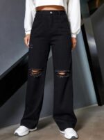 High Waist Double Torn Wide Leg Denim