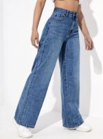 High Waist Stretchable Whisker Stone Blue Straight Fit Denim