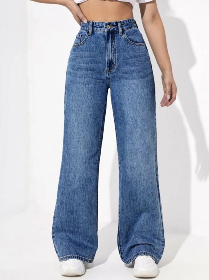 High Waist Stretchable Whisker Stone Blue Straight Fit Denim