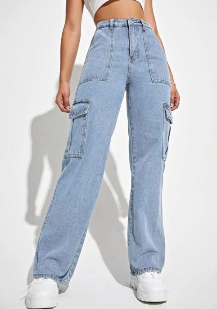 High Waist Ice Blue Denim Cargo