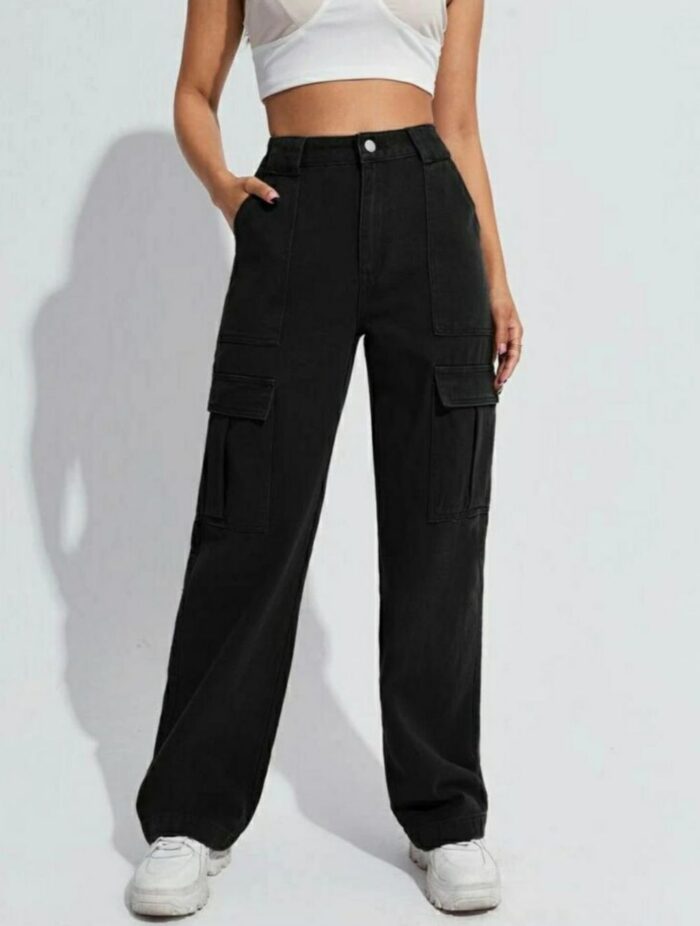 High Waist Black Denim Cargo