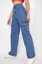 High Waist Stone Blue Denim Cargo