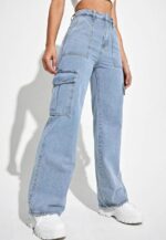 High Waist Ice Blue Denim Cargo