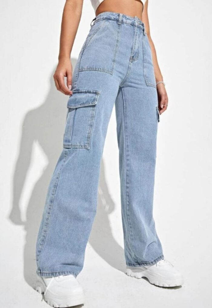 High Waist Ice Blue Denim Cargo